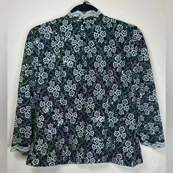 Alex Evenings 3/4 Sleeve Embroidered Blouse Black Silver Sequins Size Medium - Picture 7 of 11